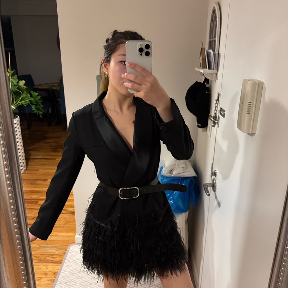 Black Feathered Blazer Dress